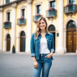 A European woman in her 30s, dressed casually in blue jeans