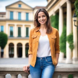 A European woman in her 30s, dressed casually in blue jeans