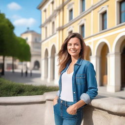 A European woman in her 30s, dressed casually in blue jeans