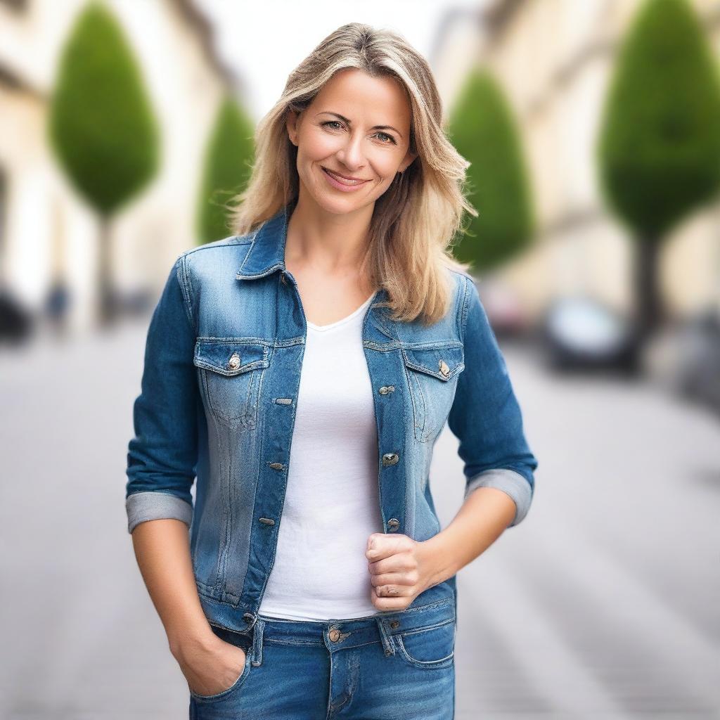 A woman over 30 from Europe is wearing blue jeans