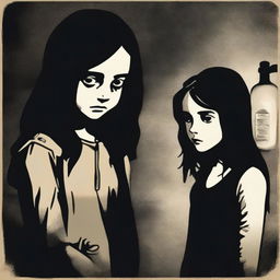 A haunting scene depicting a 12-year-old girl named Monica with a sorrowful expression, holding a vial of poison