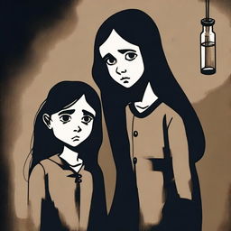 A haunting scene depicting a 12-year-old girl named Monica with a sorrowful expression, holding a vial of poison