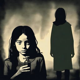 A haunting scene depicting a 12-year-old girl named Monica with a sorrowful expression, holding a vial of poison