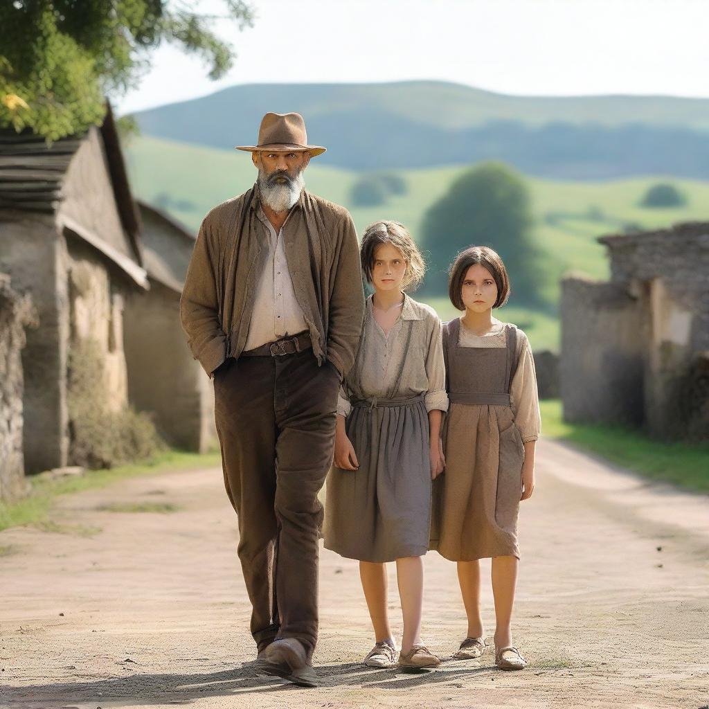 A dramatic movie poster featuring Monica, a 12-year-old innocent girl, standing beside her mother, a beautiful village woman in her late 30s