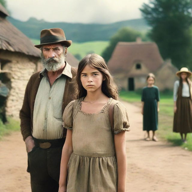 A dramatic movie poster featuring Monica, a 12-year-old innocent girl, standing beside her mother, a beautiful village woman in her late 30s