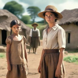 A dramatic movie poster featuring Monica, a 12-year-old innocent girl, standing beside her mother, a beautiful village woman in her late 30s