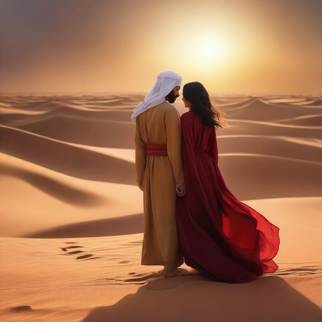 A dramatic and passionate scene set under the Arabian desert sands