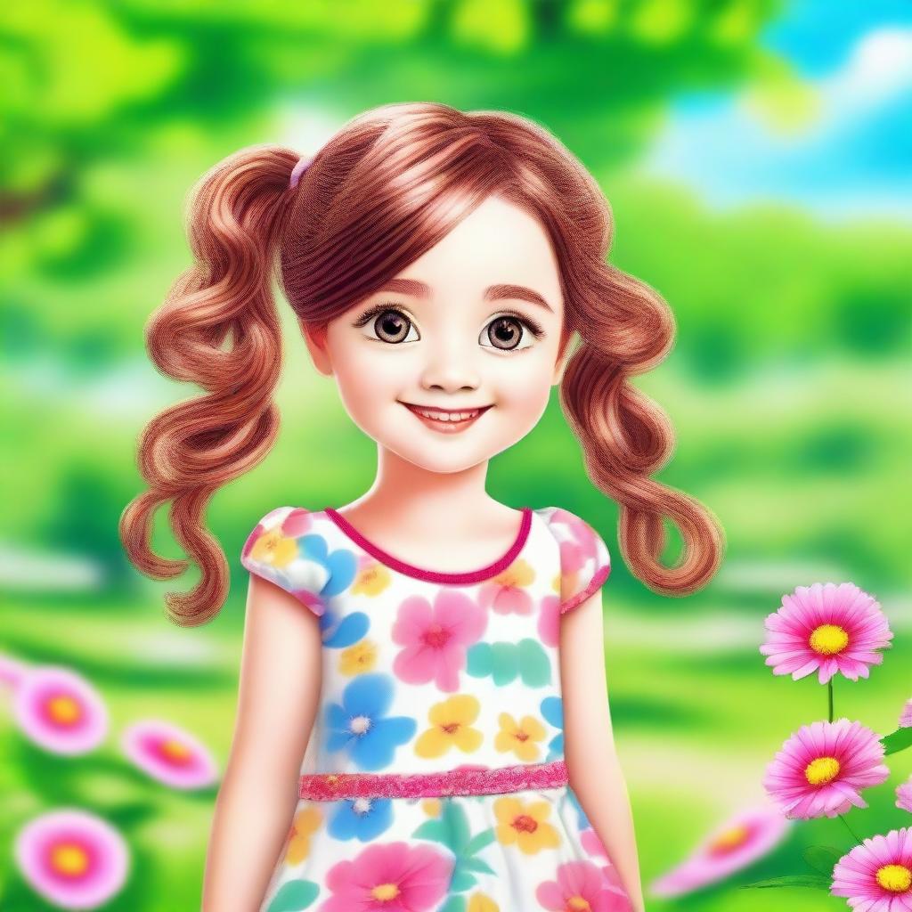 A charming and adorable young girl with a bright smile, wearing a cute dress and standing in a sunny park