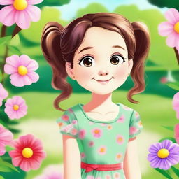 A charming and adorable young girl with a bright smile, wearing a cute dress and standing in a sunny park