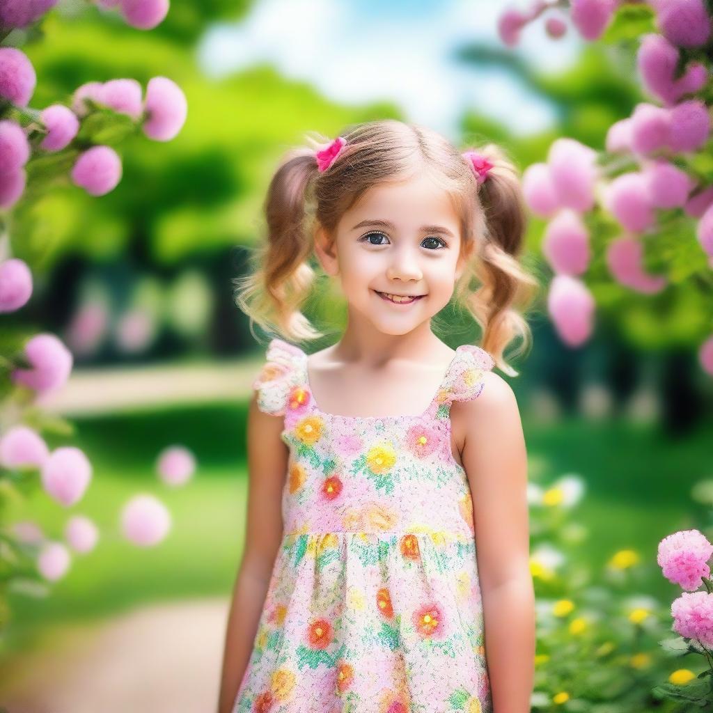 A charming and adorable young girl with a bright smile, wearing a cute dress and standing in a sunny park