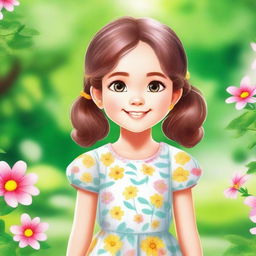 A charming and adorable young girl with a bright smile, wearing a cute dress and standing in a sunny park