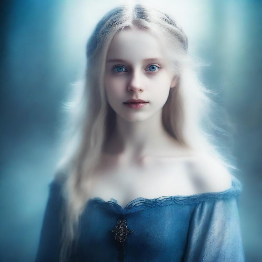 A book cover in a gothic medieval style featuring a girl with ash blonde hair and a blue dress