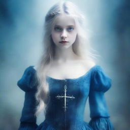 A book cover in a gothic medieval style featuring a girl with ash blonde hair and a blue dress