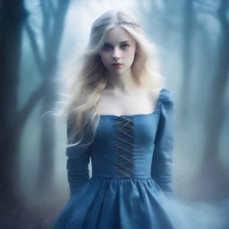 A book cover in a gothic medieval style featuring a girl with ash blonde hair and a blue dress