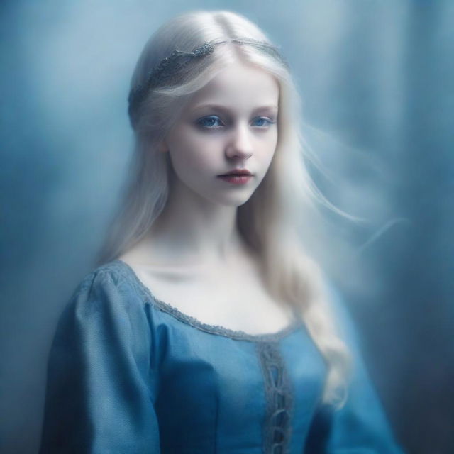 A book cover in a gothic medieval style featuring a girl with ash blonde hair and a blue dress