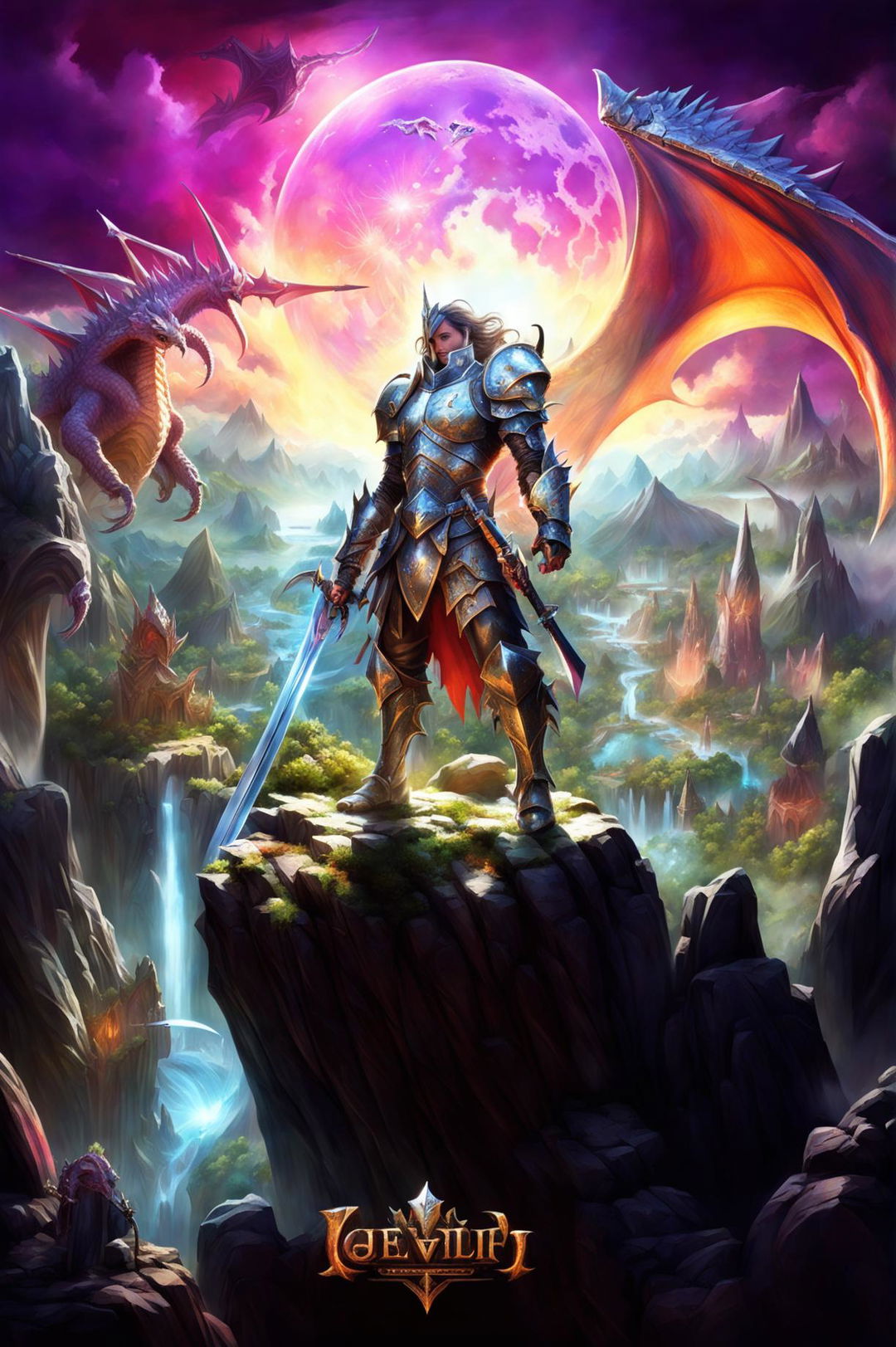 A fantasy video game poster featuring a heroic knight, a mystical landscape with mountains, enchanted forests, and ancient ruins, a dragon, and various fantastical creatures