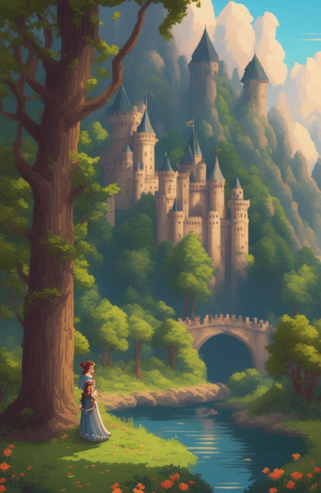 A fantasy video game poster featuring a brave female protagonist and a handsome prince in a romantic, enchanted forest setting with a castle, presented in a 64-bit pixel art style