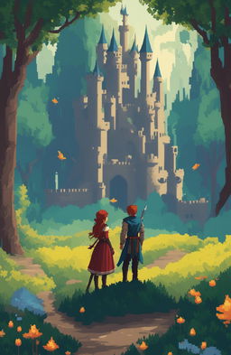 A fantasy video game poster featuring a brave female protagonist and a handsome prince in a romantic, enchanted forest setting with a castle, presented in a 64-bit pixel art style