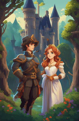 A fantasy video game poster featuring a brave female protagonist and a handsome prince in a romantic, enchanted forest setting with a castle, presented in a 64-bit pixel art style