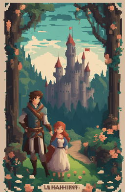 A fantasy video game poster featuring a brave female protagonist and a handsome prince in a romantic, enchanted forest setting with a castle, presented in a 64-bit pixel art style