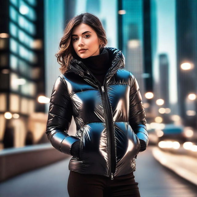 A stylish young woman wearing a tight, shiny black puffer jacket