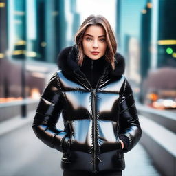 A stylish young woman wearing a tight, shiny black puffer jacket