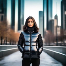 A stylish young woman wearing a tight, shiny black puffer jacket