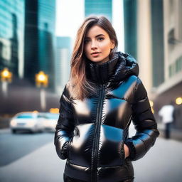 A stylish young woman wearing a tight, shiny black puffer jacket