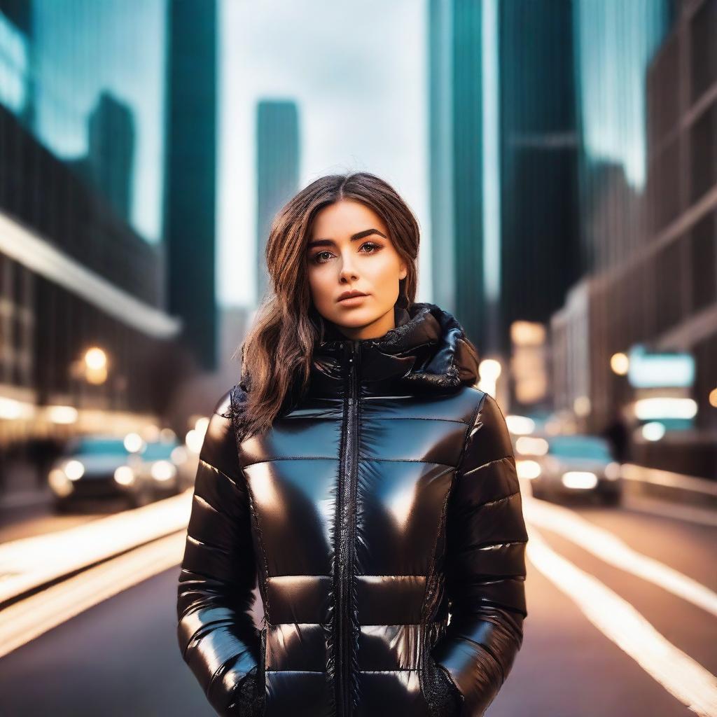 A stylish young woman wearing a very tight, shiny black puffer jacket