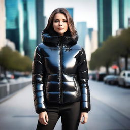 A stylish young woman wearing a very tight, shiny black puffer jacket