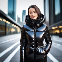 A stylish young woman wearing a very tight, shiny black puffer jacket