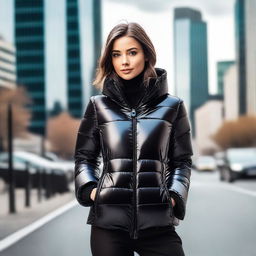 A stylish young woman wearing a very tight, shiny black puffer jacket