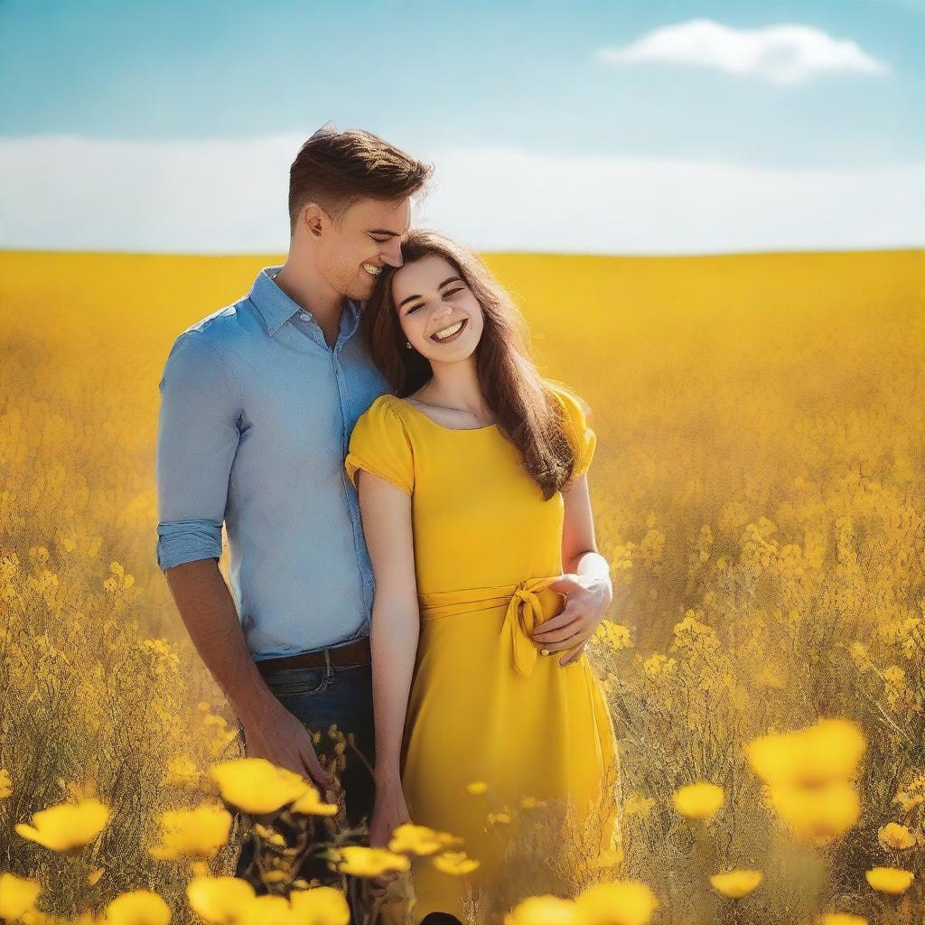 A young couple standing in a field of yellow flowers