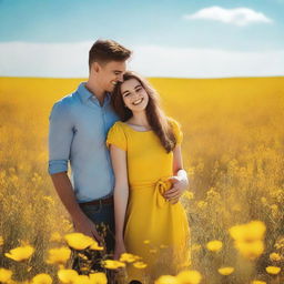 A young couple standing in a field of yellow flowers