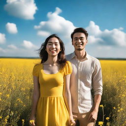 A young couple standing in a field of yellow flowers