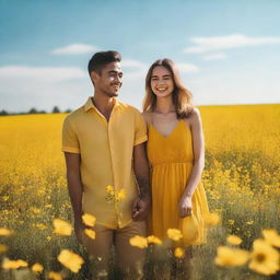 A young couple standing in a field of yellow flowers