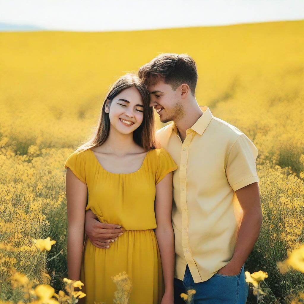 A young couple standing in a field of yellow flowers