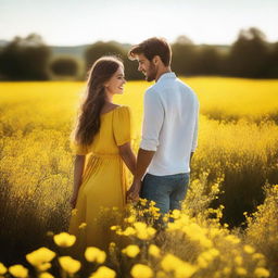 A young couple standing in a beautiful field of yellow flowers, with the sun shining brightly in the clear blue sky