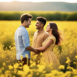 A young couple standing in a beautiful field of yellow flowers, with the sun shining brightly in the clear blue sky