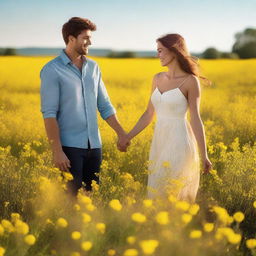 A young couple standing in a beautiful field of yellow flowers, with the sun shining brightly in the clear blue sky