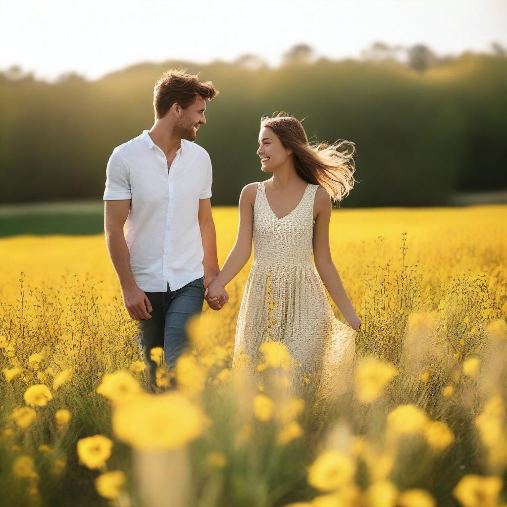 A young couple standing in a beautiful field of yellow flowers, with the sun shining brightly in the clear blue sky