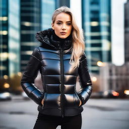 A stylish young woman wearing a very tight, shiny black puffer jacket