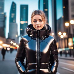 A stylish young woman wearing a very tight, shiny black puffer jacket