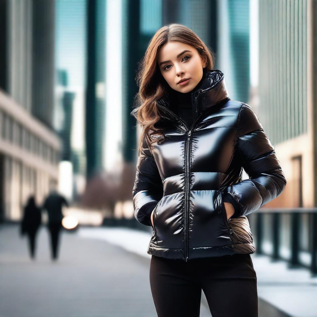 A stylish young woman wearing a very tight, shiny black puffer jacket