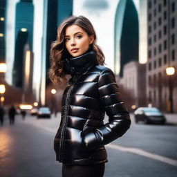 A stylish young woman wearing a very tight, shiny black puffer jacket