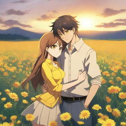 An anime couple standing in each other's arms in a field of yellow flowers