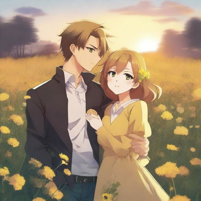 An anime couple standing in each other's arms in a field of yellow flowers