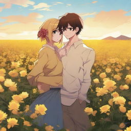 An anime couple standing in each other's arms in a field of yellow flowers