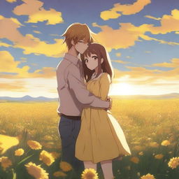 An anime couple standing in each other's arms in a field of yellow flowers