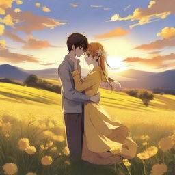 An anime couple standing in each other's arms in a beautiful field of yellow flowers